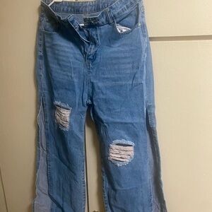 SHEIN Blue Ripped Wide Leg Jeans